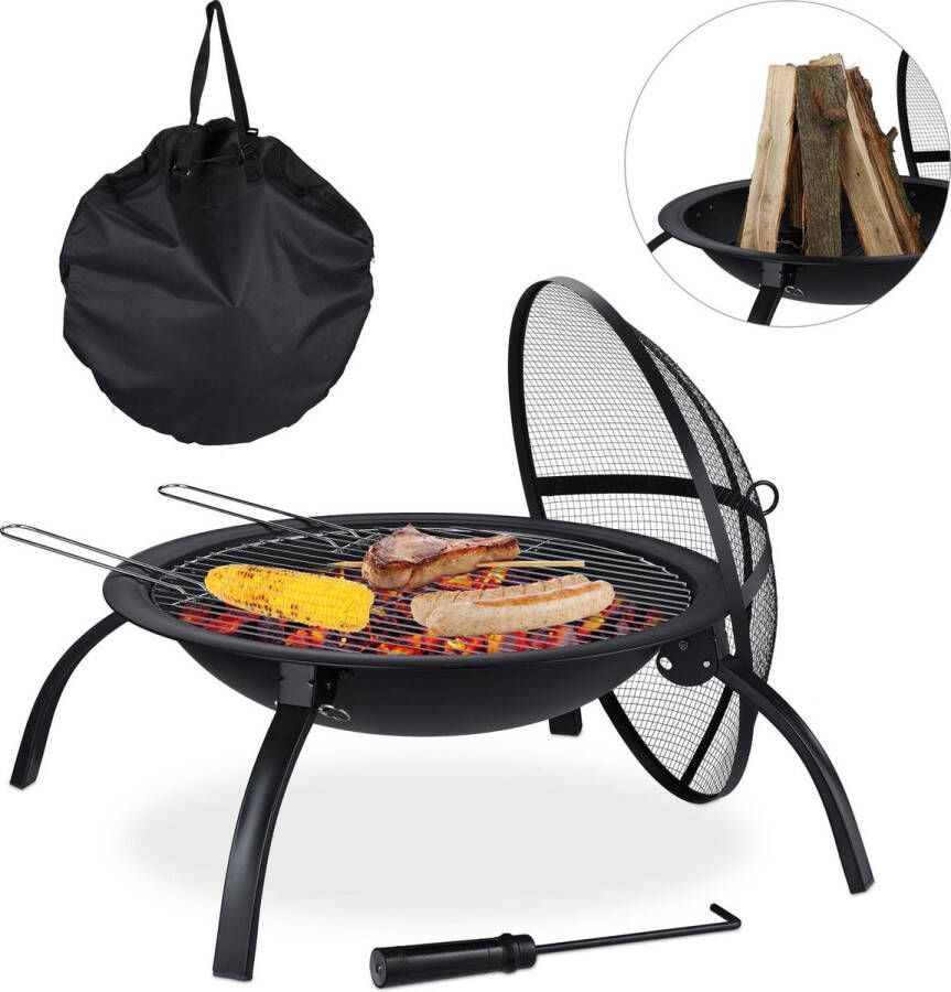 Relaxdays Vuurschaal bbq staal rond barbecue buiten tuin terrasverwarmer Met draagtas