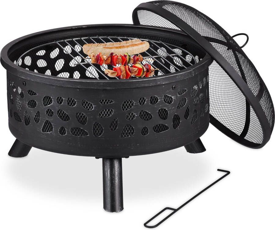 Relaxdays vuurschaal met barbecue vonkenscherm vuurpot 60 cm met patroon zwart