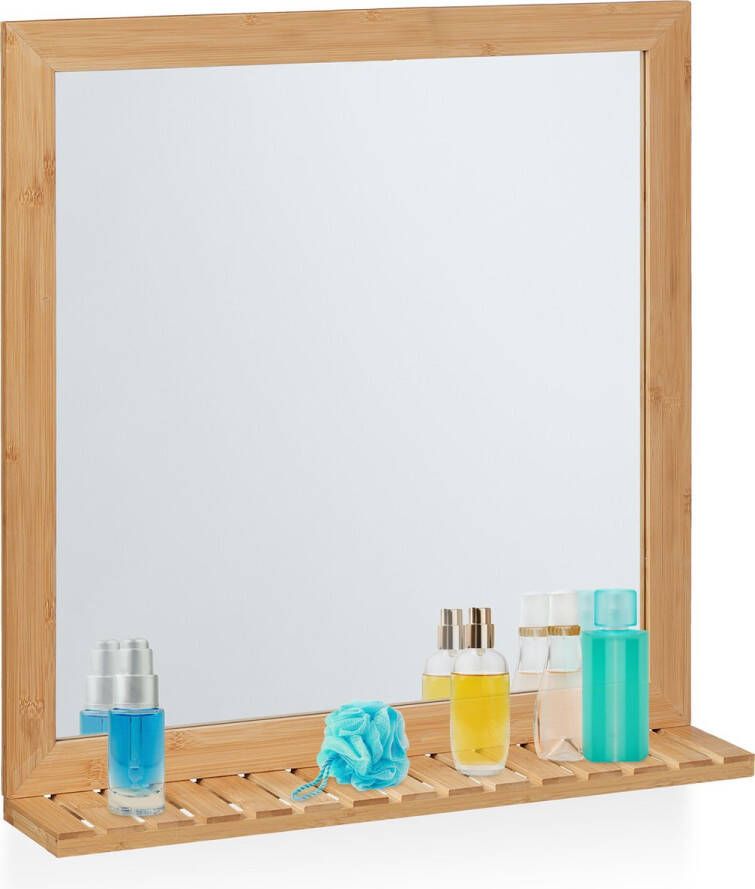 Relaxdays wandspiegel bamboe wc spiegel met lijst badkamerspiegel met plankje hal