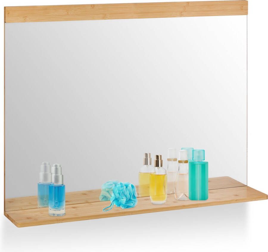 Relaxdays wandspiegel met plankje bamboe badkamerspiegel spiegel rechthoekig groot