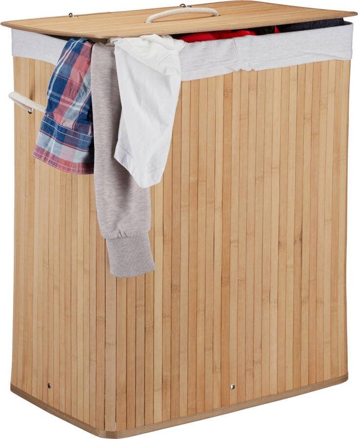 Relaxdays wasmand 2 vakken bamboe wasbox 95 liter opvouwbaar met deksel Naturel