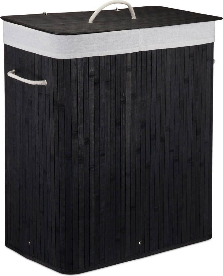Relaxdays wasmand 2 vakken bamboe wasbox 95 liter opvouwbaar met deksel zwart