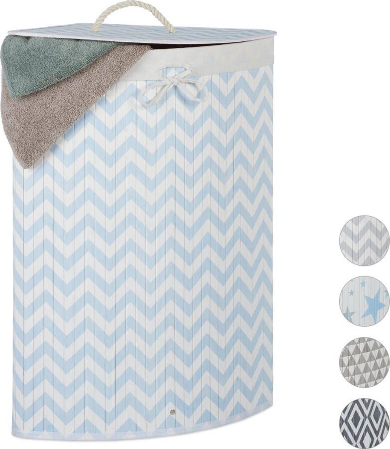 Relaxdays wasmand bamboe driehoek wasbox design mand voor wasgoed zigzag blauw