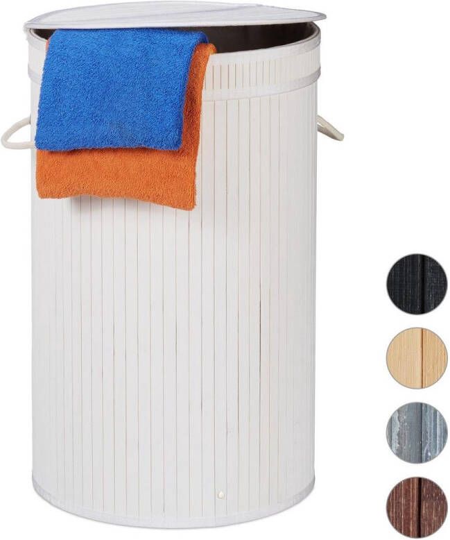 Relaxdays wasmand bamboe ronde wasbox met deksel 63 x 40 cm 65 liter wit