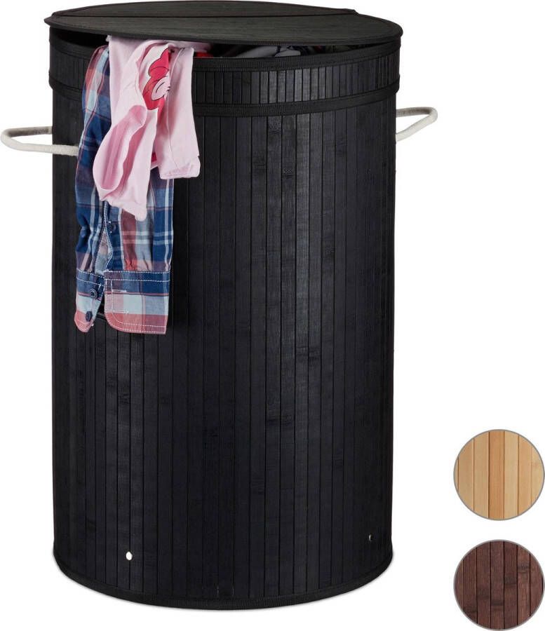 Relaxdays wasmand bamboe ronde wasbox met deksel 63 x 40 cm 65 liter wit