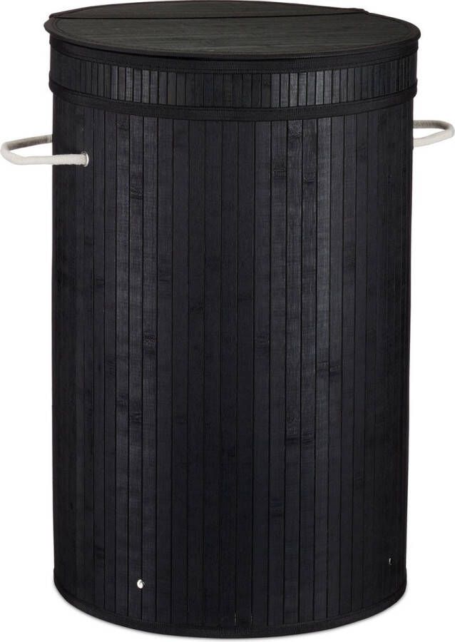 Relaxdays wasmand bamboe ronde wasbox met deksel 63 x 40 cm 65 liter zwart
