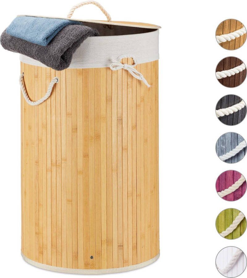 Relaxdays wasmand bamboe wasbox met deksel 70 liter rond 65 x 41 cm crème