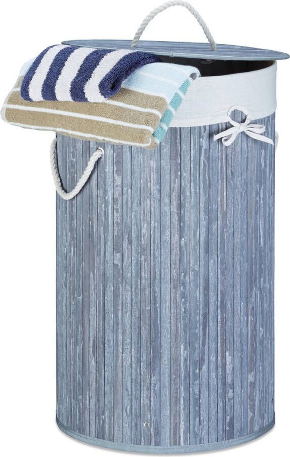 Relaxdays wasmand bamboe wasbox met deksel 70 liter rond 65 x 41 cm grijs