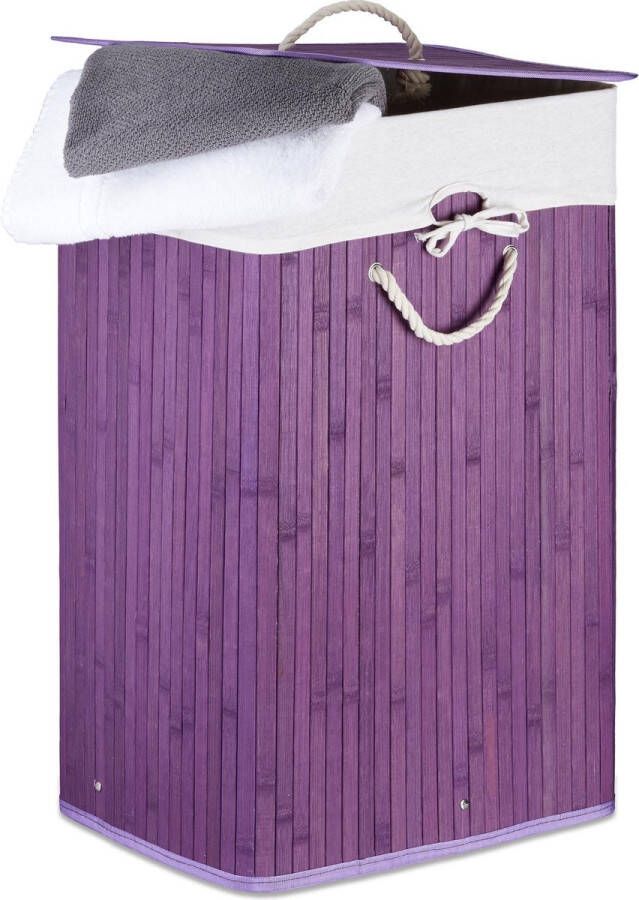 Relaxdays wasmand bamboe wasbox opvouwbaar wasgoedmand met deksel badkamer waszak violet