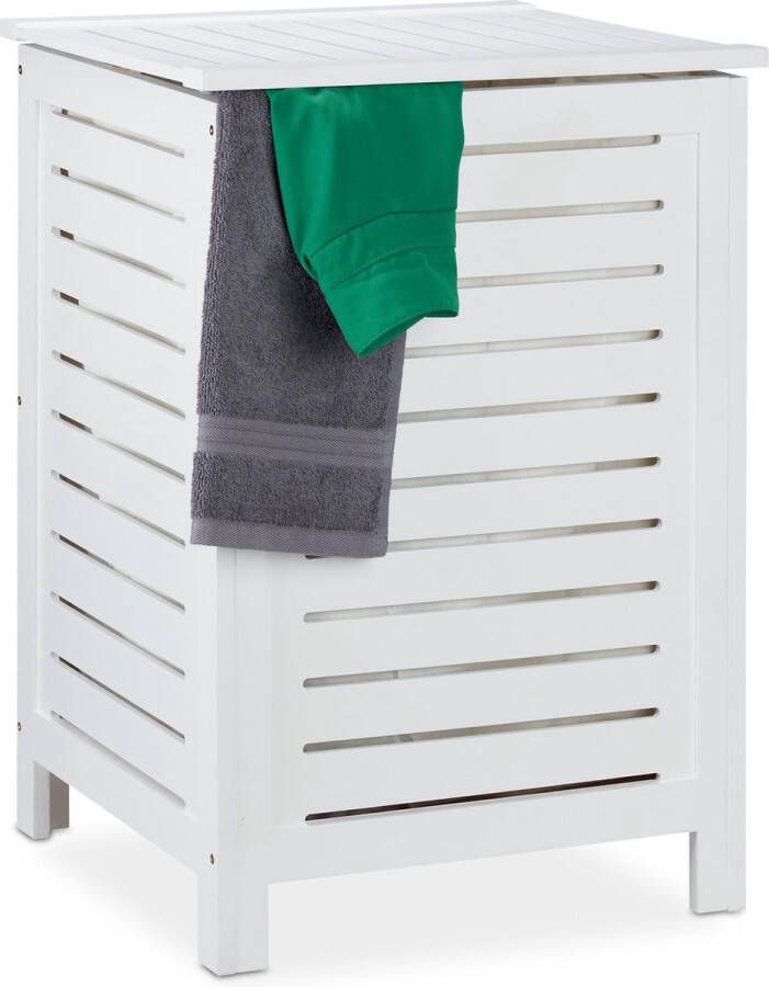Relaxdays wasmand grenen wasbox wit walnotenhout wasmand met deksel opbergmand 86