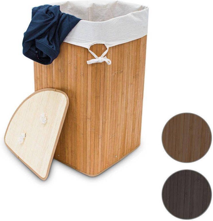 Relaxdays wasmand hoekmodel bamboe 60 liter deksel wasbox driehoekig crème