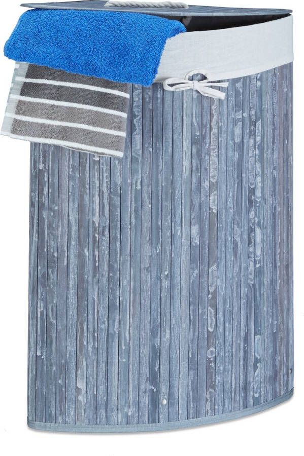 Relaxdays wasmand hoekmodel bamboe 60 liter deksel wasbox driehoekig grijs