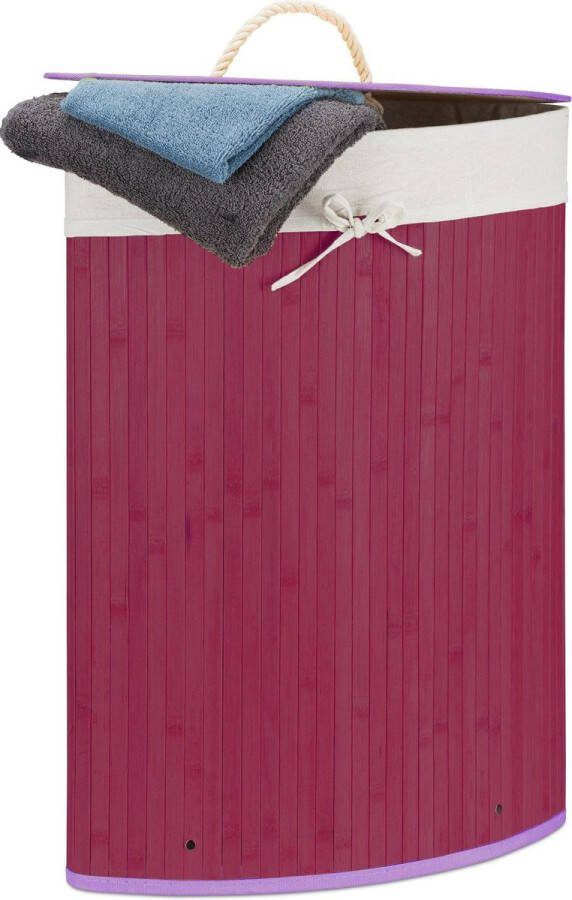 Relaxdays wasmand hoekmodel bamboe 60 liter deksel wasbox driehoekig violet