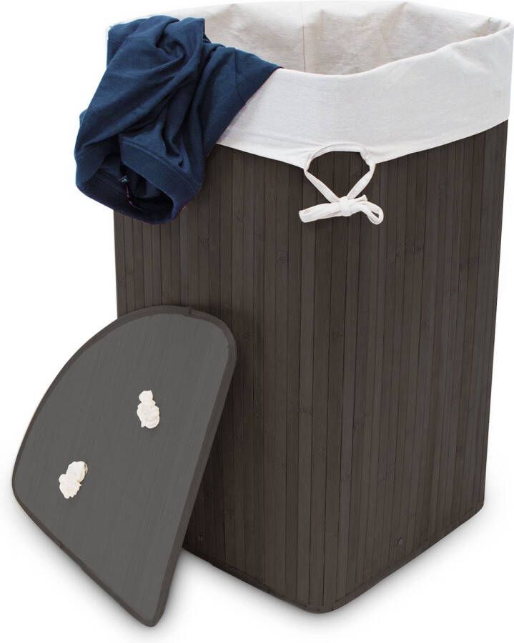 Relaxdays Opvouwbare wasmand driehoek Bamboe hout Waszak katoen 65x49 5x37 cm.