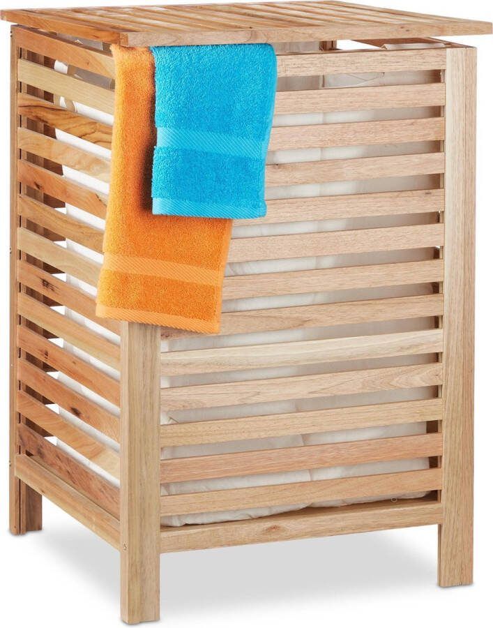 Relaxdays wasmand hout wasbox landelijk opbergmand met deksel 52 liter vierkant