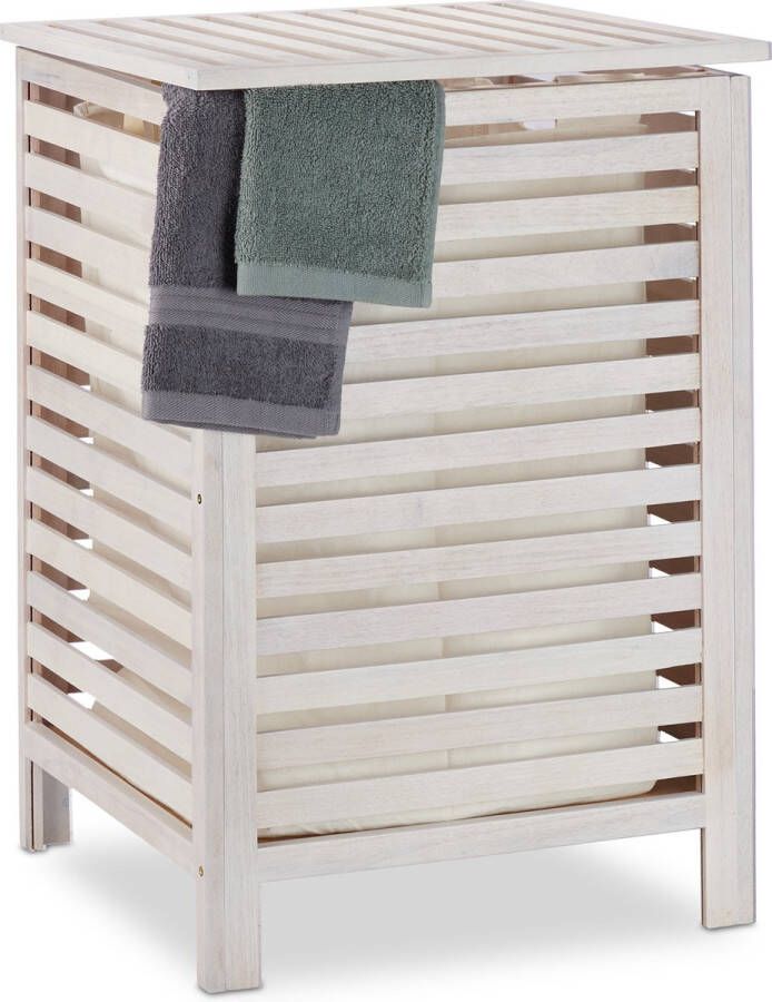 Relaxdays wasmand hout wasbox wit walnotenhout wasmand met deksel opbergmand 52 L