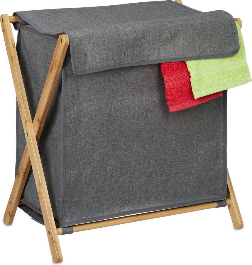 Relaxdays wasmand inklapbaar met deksel 60 liter bamboe stof wasgoed mand