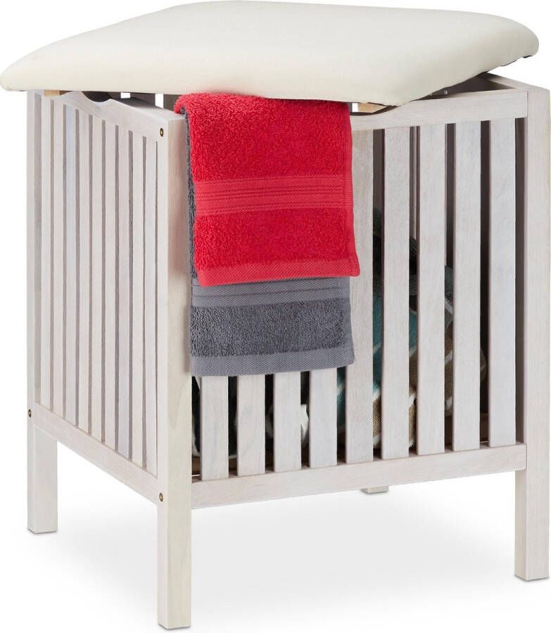 Relaxdays wasmand kruk badkamerkruk hout badkamerstoel wit wasbox hocker krukje