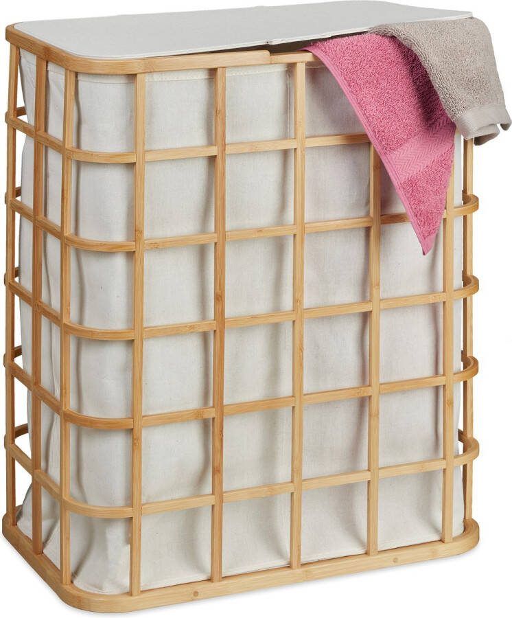 Relaxdays wasmand met deksel 2 vakken à 38 5 L bamboe wasbox wassorteerder badkamer