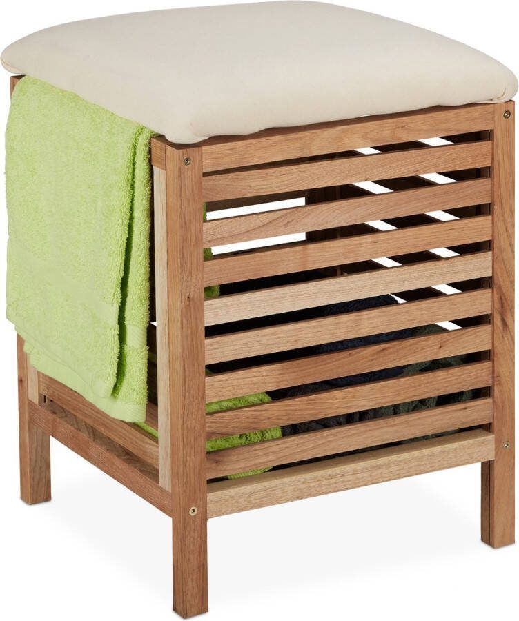 Relaxdays wasmand met kruk 35 liter badkamer hocker met opbergruimte opbergkruk hout