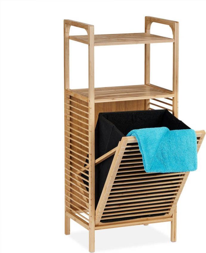 Relaxdays wasmand rek bamboe badkamerrek stoffen wasbox met planken uitklapbare mand
