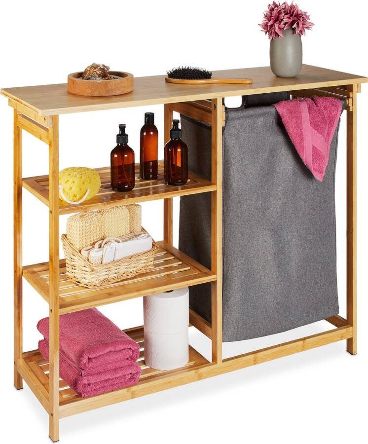 Relaxdays wasmand rek bamboe grijze wasmand badkamer wasbox met planken badkamerrek