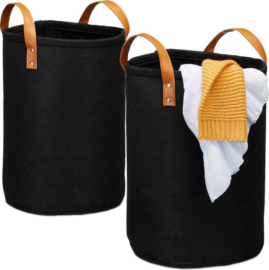 Relaxdays wasmand wasverzamelaar wasbox wasgoed mand 28 liter vilt kunstleer zwart