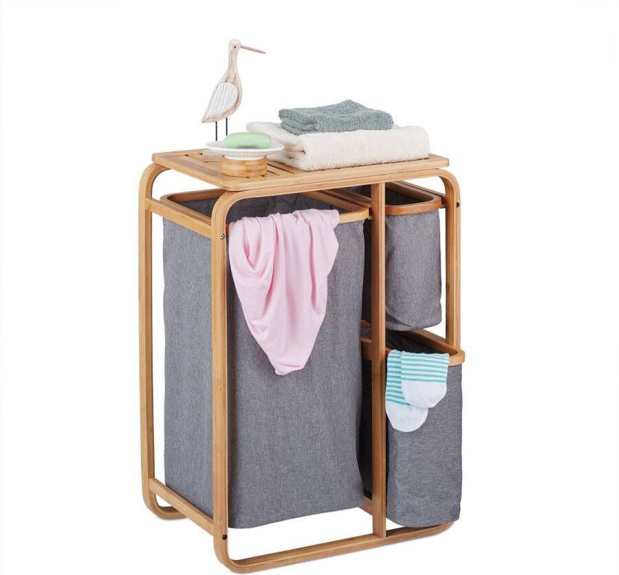 Relaxdays wassorteerder bamboe 3 in 1 wasmand grote wasbox stof badkamerrek vakken