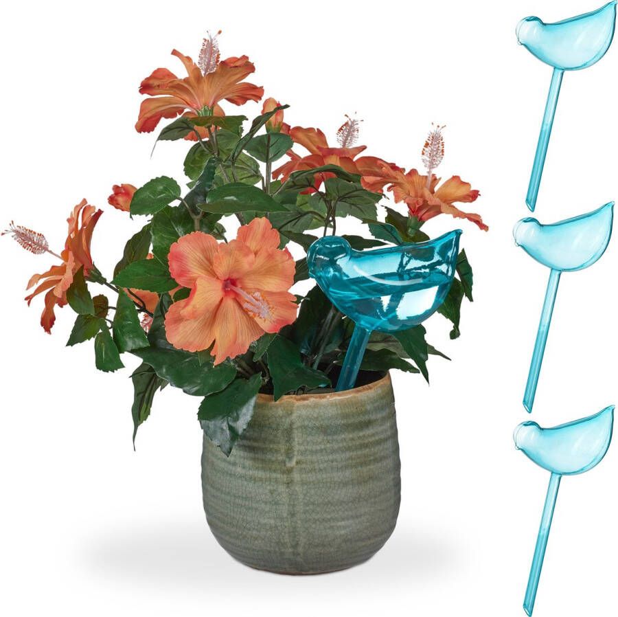 Relaxdays Waterdruppelaar set van 4 vogel design waterbollen 200 ml voor planten blauw