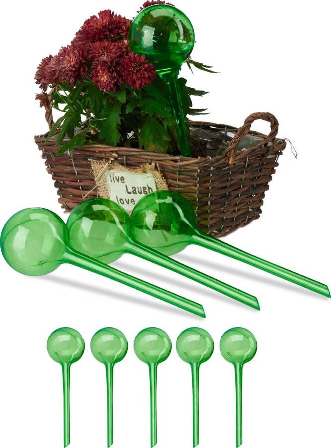 Relaxdays waterdruppelaar set van 9 watergeefsysteem kamerplanten waterbol plastic groen