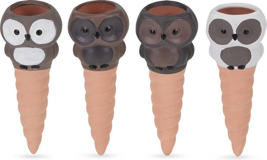 Relaxdays waterdruppelaars set van 4 uil pet-flessen watergeefsysteem keramiek