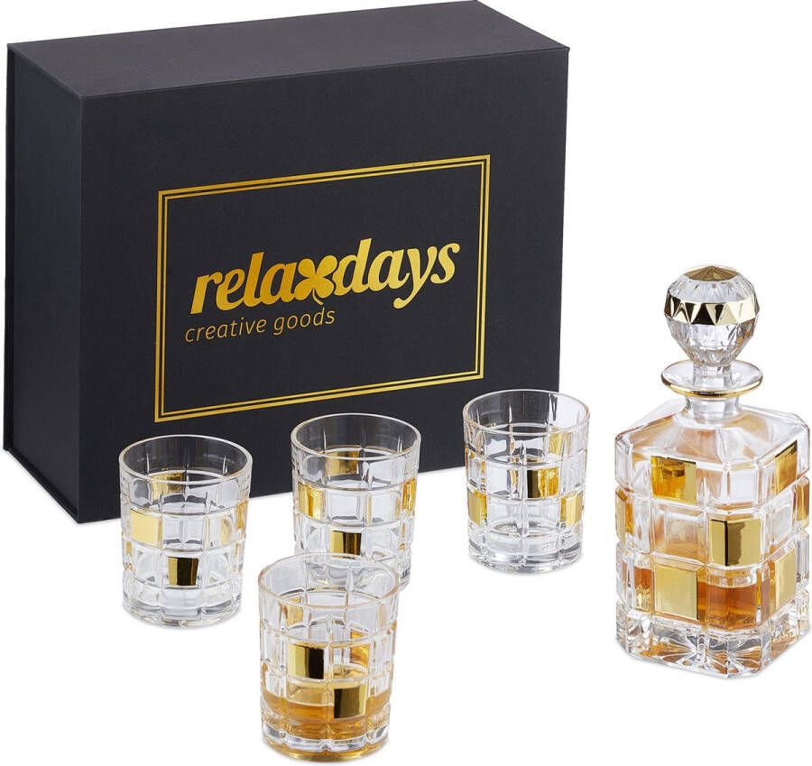 Relaxdays whiskey set 5-delig 4 glazen & karaf tumblerglazen schenkkan met reliëf