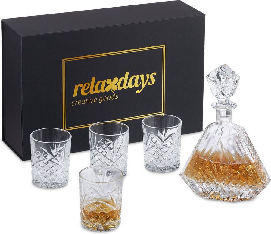 Relaxdays whiskey set 5-delig 4 whiskeyglazen 1 karaf met reliëf cadeauset