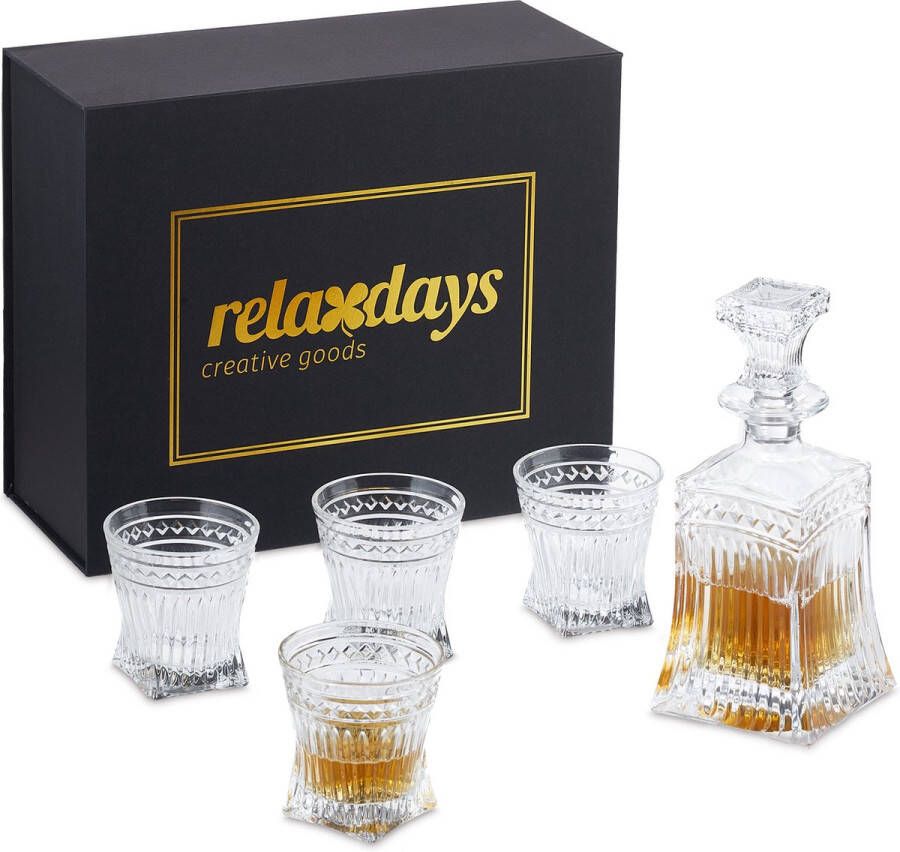 Relaxdays whiskey set 5-delig karaf & 4 glazen whiskeyglazen & schenkkan met reliëf
