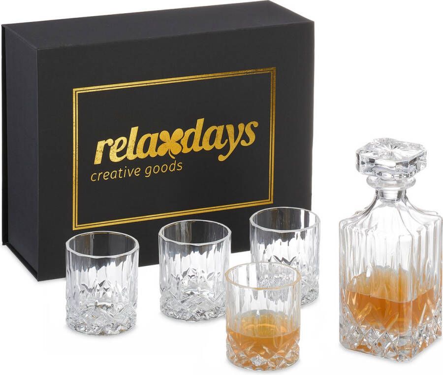 Relaxdays whiskeyset met karaf en 4 glazen 5-delige whiskey glazen cadeauset vaderdag