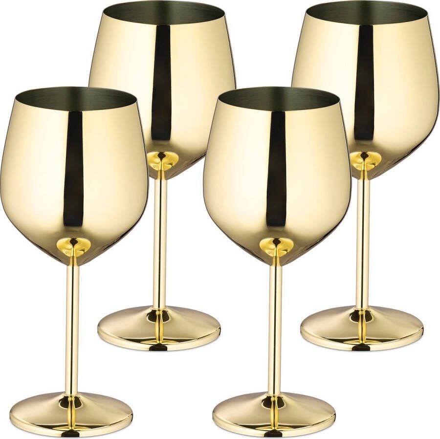 Relaxdays wijnglazen rvs set van 4 onbreekbare rode wijn glazen 400 ml herbruikbaar goud