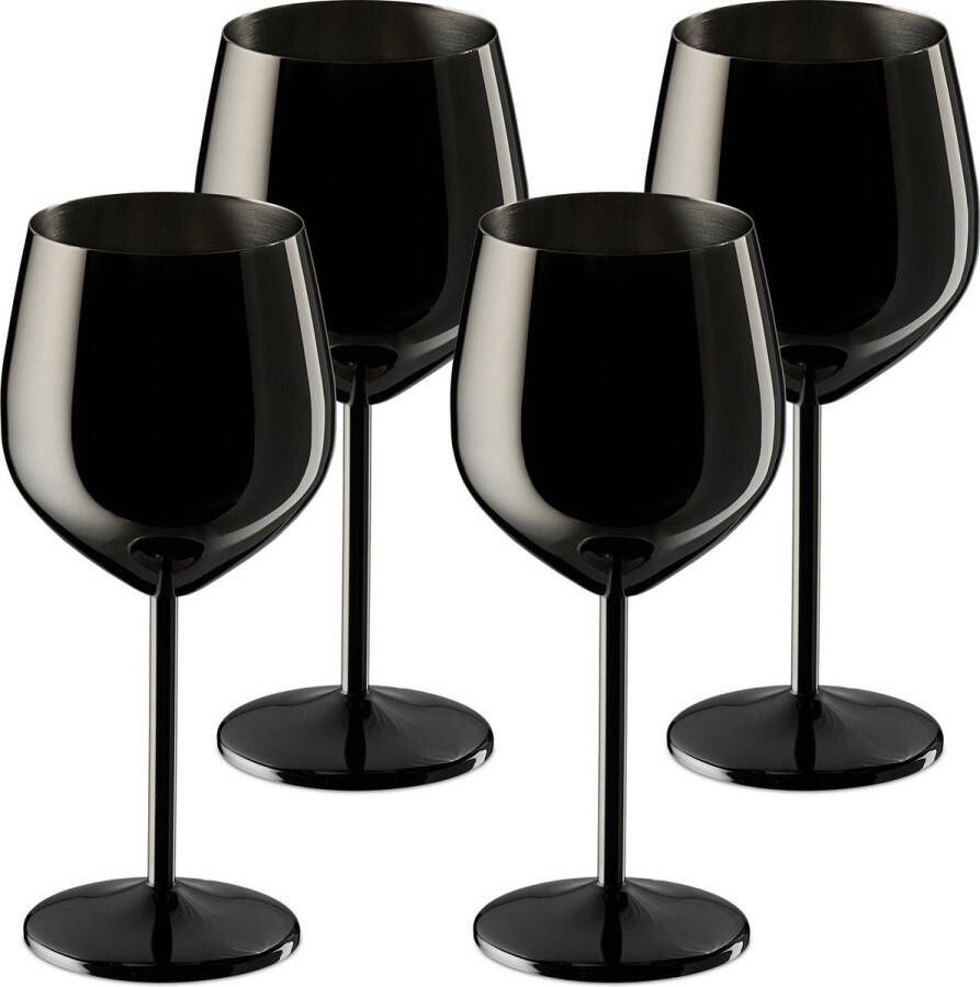 Relaxdays wijnglazen rvs set van 4 onbreekbare rode wijn glazen 400 ml herbruikbaar zwart