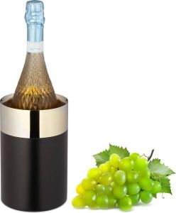 Relaxdays wijnkoeler zwart rvs dubbelwandig champagnekoeler flessenkoeler 12 cm zwart-goud
