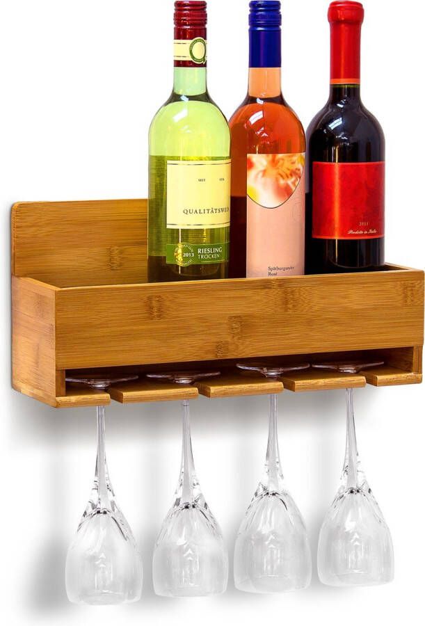 Relaxdays Wijnrek Wijnglashouder 17 x 37 x 11 5 Bamboe Muur- wandmontage 4 flessen + 4 glazen