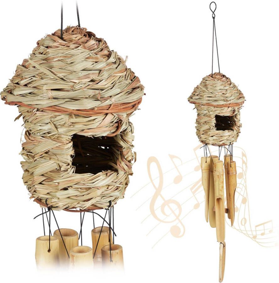 Relaxdays Windgong bamboe set van 2 vogelhuisje tuindecoratie geluid natuur
