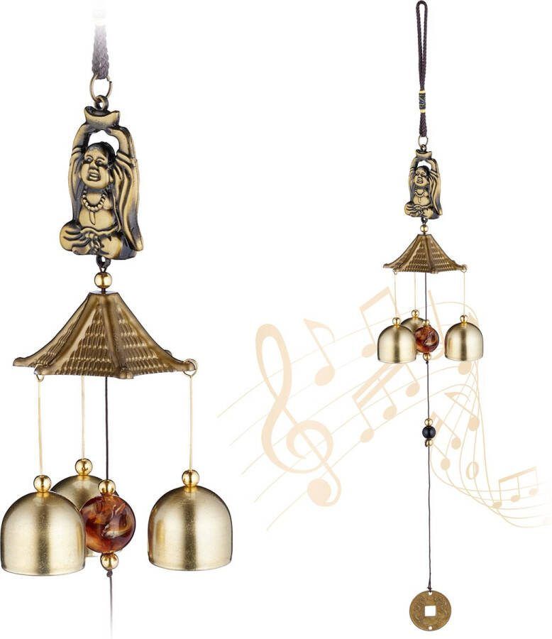 Relaxdays windgong set van 2 feng shui boeddhafiguur medaille windorgel metaal