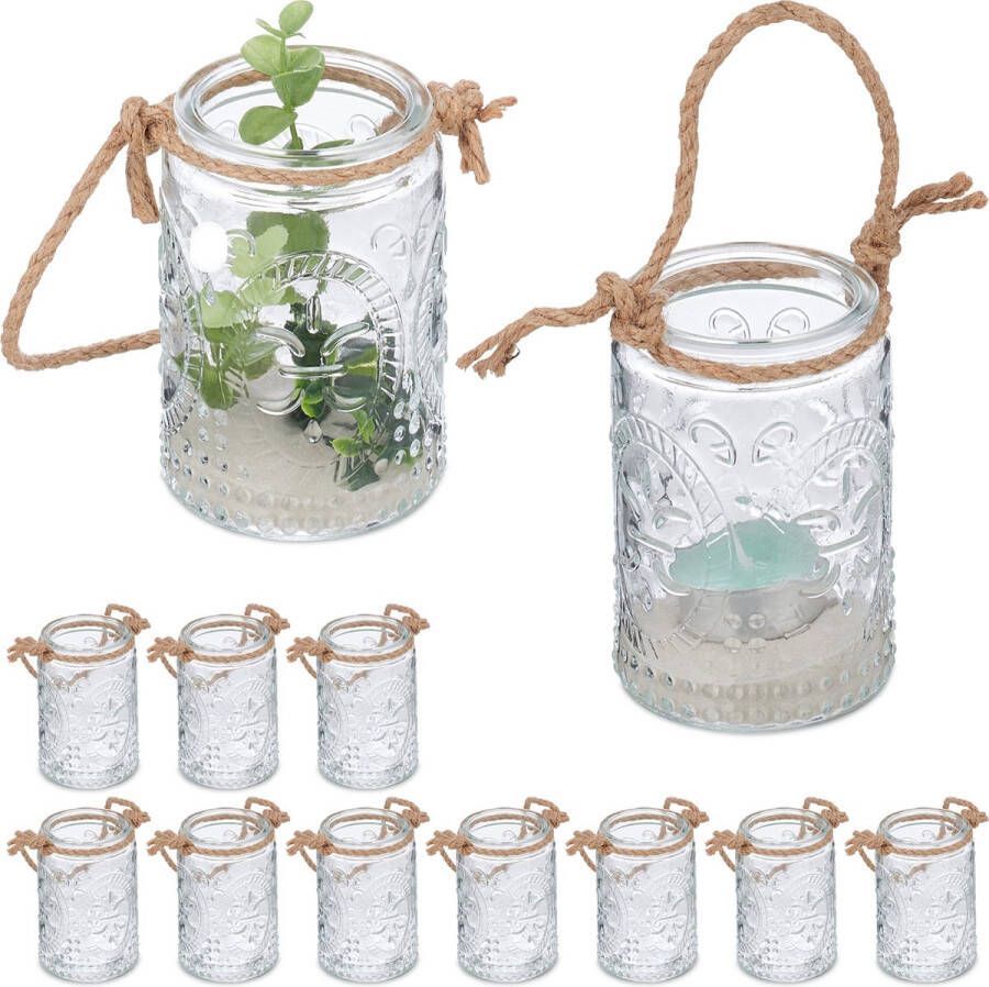 Relaxdays windlicht glas set van 12 theelichthouder buiten tuin sfeerverlichting