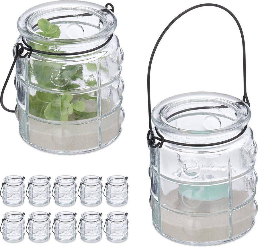 Relaxdays windlicht met hengsel set van 12 outdoor theelichthouder transparant -glas