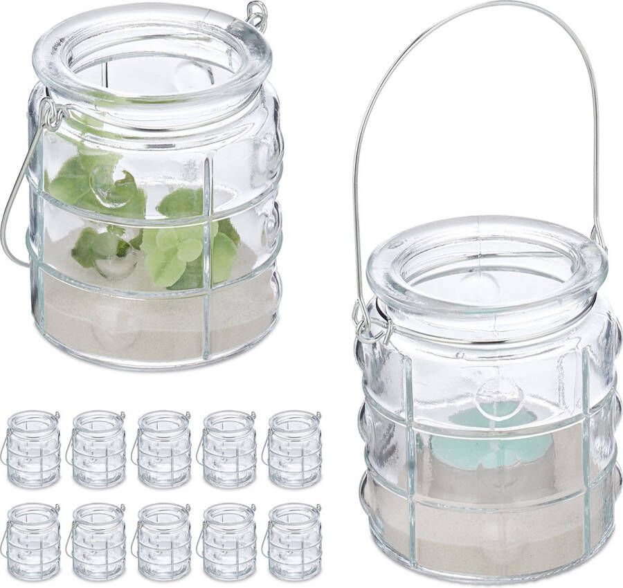 Relaxdays windlicht set van 12 theelichthouder zilveren hengsel doorzichtig glas
