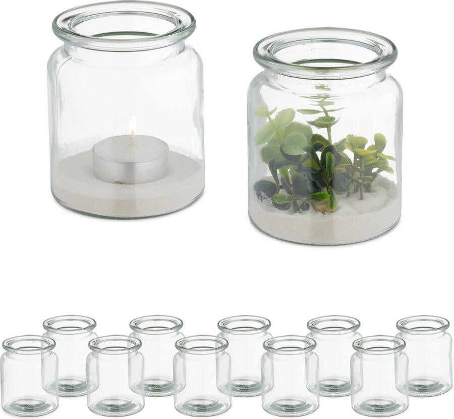 Relaxdays windlicht set van 12 theelichthouders decoratie glazen glas transparant