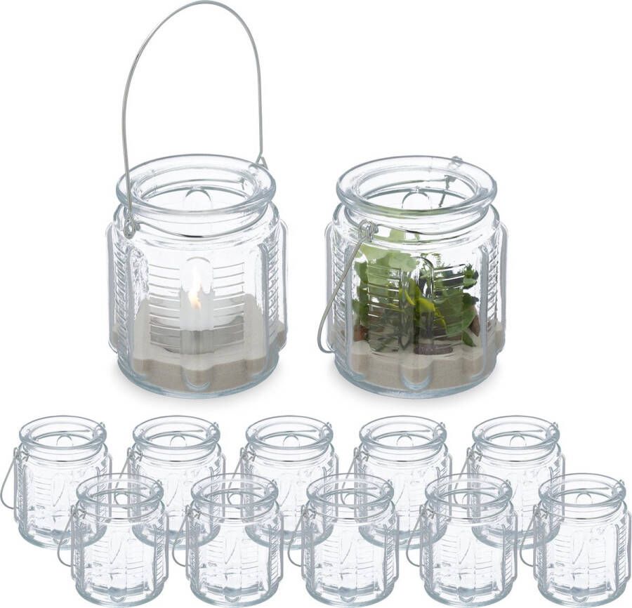 Relaxdays windlicht set van 12 zilveren hengsel waxinelichthouder transparant glas