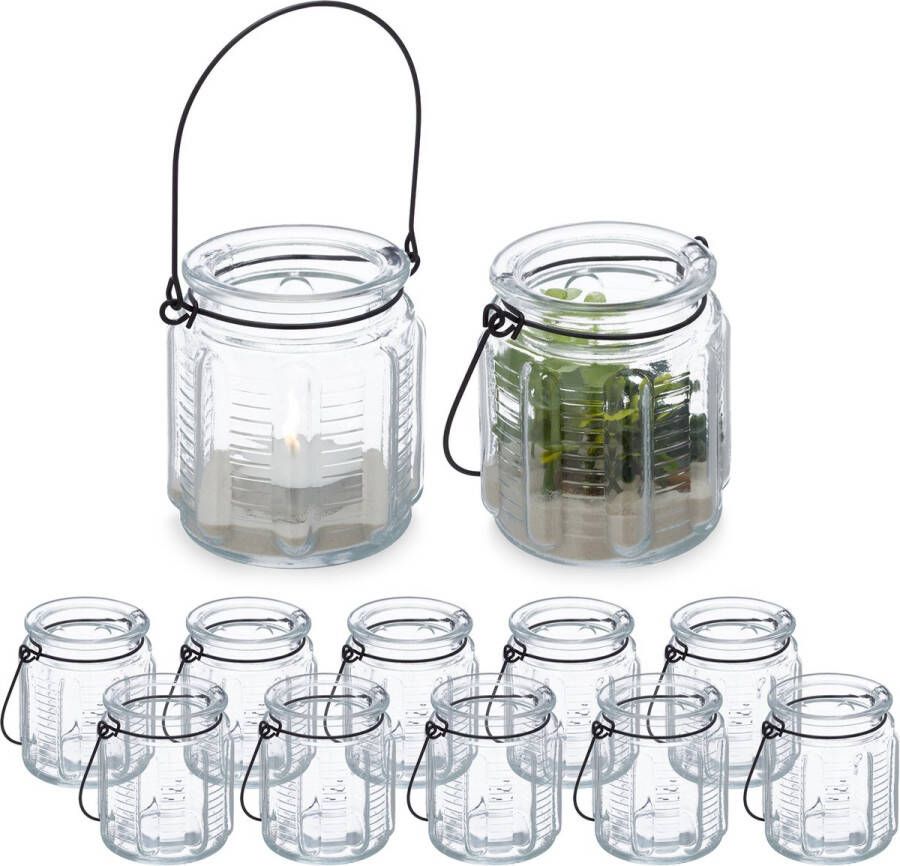Relaxdays windlicht set van 12 zwart hengsel theelichthouder transparant glas