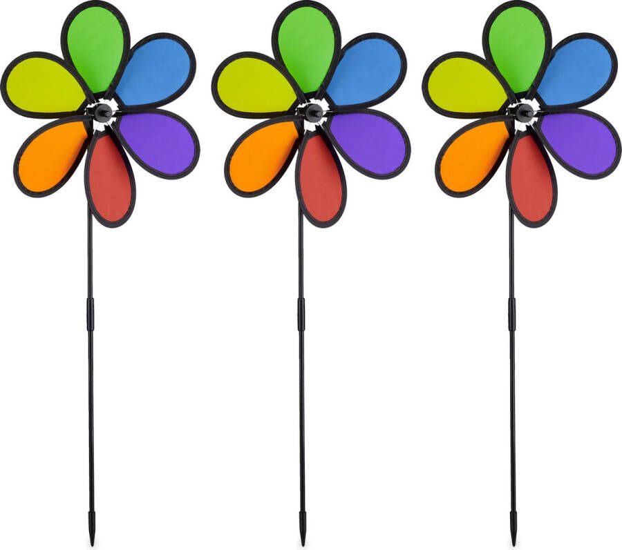 Relaxdays Windmolen bloem 3 stuks windspinner regenboog tuinsteker tuindecoratie