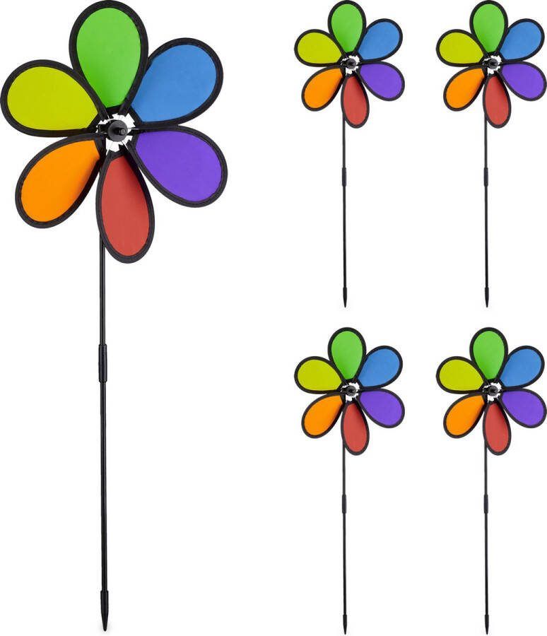 Relaxdays windmolentje bloem set van 5 regenboog tuinsteker windspinner tuindecoratie