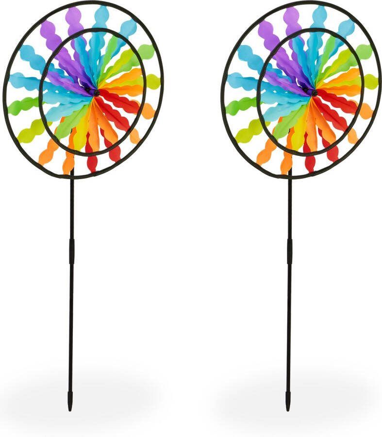 Relaxdays windmolentje regenboog set van 2 bewegende tuinsteker windspinner tuin